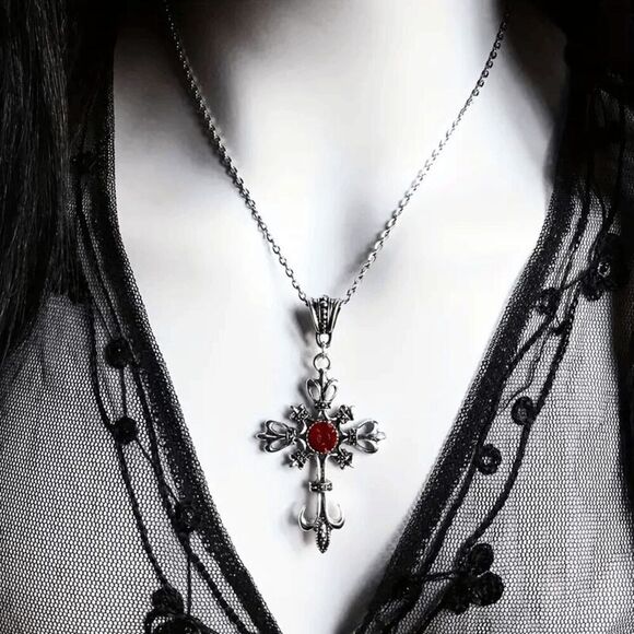 Stainless Steel Ruby Cross Unisex Pendant Necklace - Picture 7 of 8
